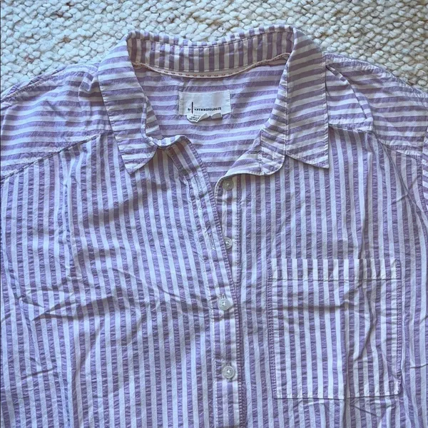 Anthropologie Oversized Button Up Tunic Blouse‎ Lavender Purple Stripe Medium - Image 3