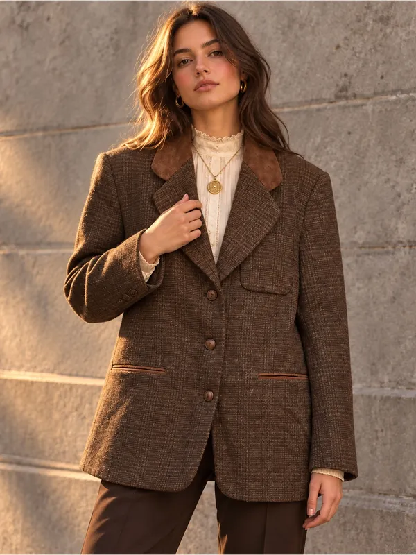 Vintage Express Wool Plaid Blazer Leather Collar Equestrian 90s L - Image 3