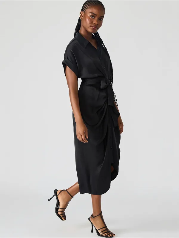NWT Steve Madden Tori Black Satin Ruched Tie Waist Midi Dress Size 6 - Image 16