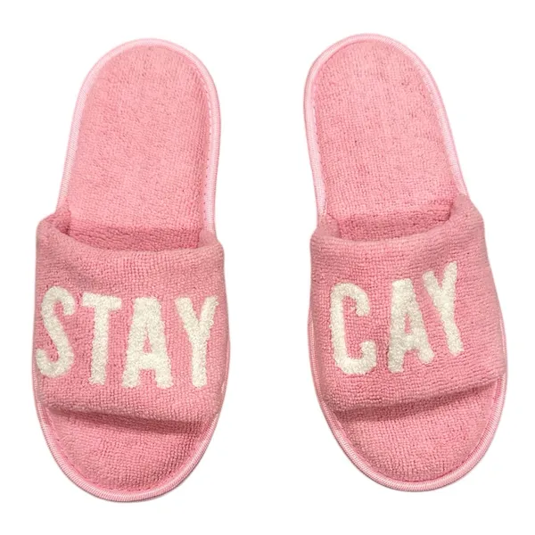 Mud Pie Pink White Terry Cloth Slide Slippers 'STAY CAY' Spellout 9 - Image 4