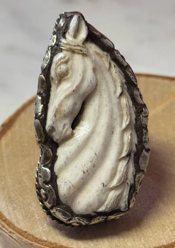 Elegant Horse Hand-carved Bone set in Tibetan Silver, Adjustable Sizing - Image 10