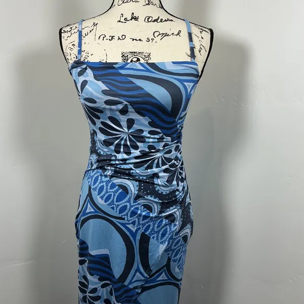 Urban Outfitters Midi Dress XS Blue Psychedelic‎ Ruched Tulip Hem Excellent - Image 2