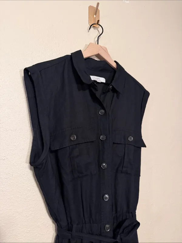 LOFT Black Linen Cap Sleeve Wide Leg Belted Jumpsuit Size XL - Image 4