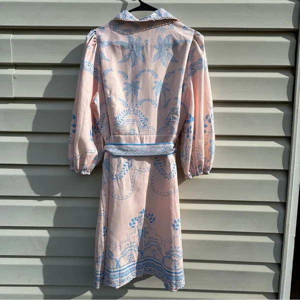 YOZY Pink Blue Palm Print Shirt Dress Belted Linen Blend Size L (8-10) - Image 4