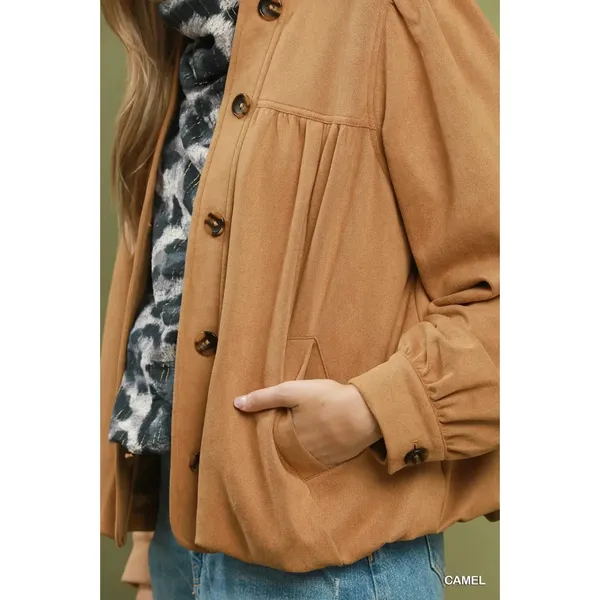 Umgee Suede Button Front Balloon Sleeve Jacket - Camel - medium - Image 4