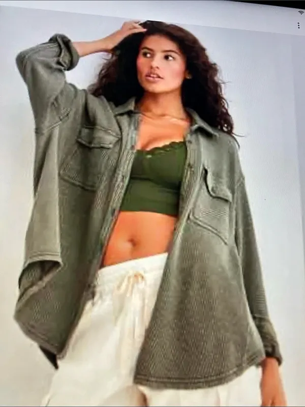 Rewind Waffle Knit Shacket Women's Green Utility Jacket Medium - Image 2