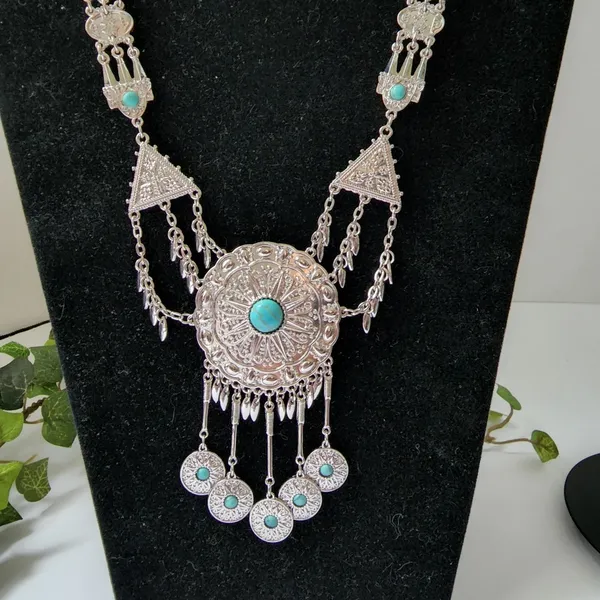 Western Boho Silver Turquoise Crackle Stone Necklace Earrings Set Blue - Image 2