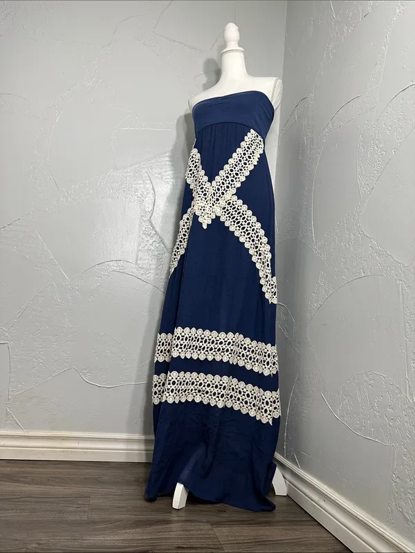 Judith March Navy Strapless Maxi Dress with Cream Lace - Image 7