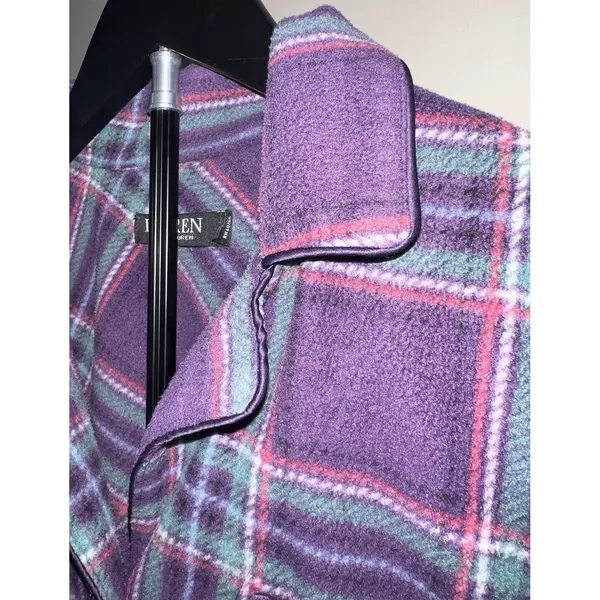 Lauren Ralph Lauren XS Plaid Fleece Sleep Shirt Pajama Top LRL‎ Purple - Image 4
