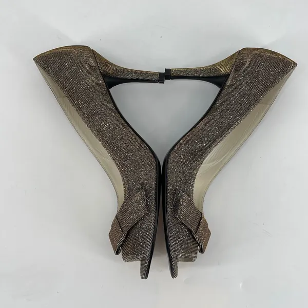 Stuart Weitzman Bronze Sparkle Peep Toe Bow Heels Evening Party‎ Shoes Formal - Image 6