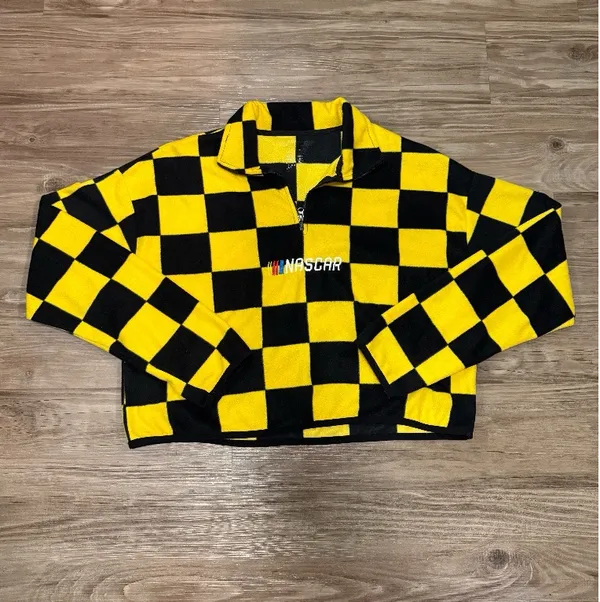 NASCAR Checkered Quarter Zip Fleece Sweatshirt Cropped Y2K Streetwear - Image 3