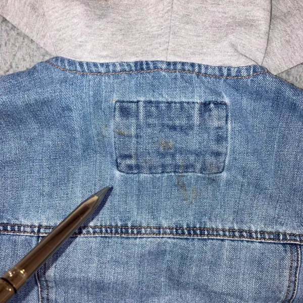Mixed Media Denim Jacket Women S Blue Distressed Hooded Grunge Punk‎ y2k Stained - Image 7