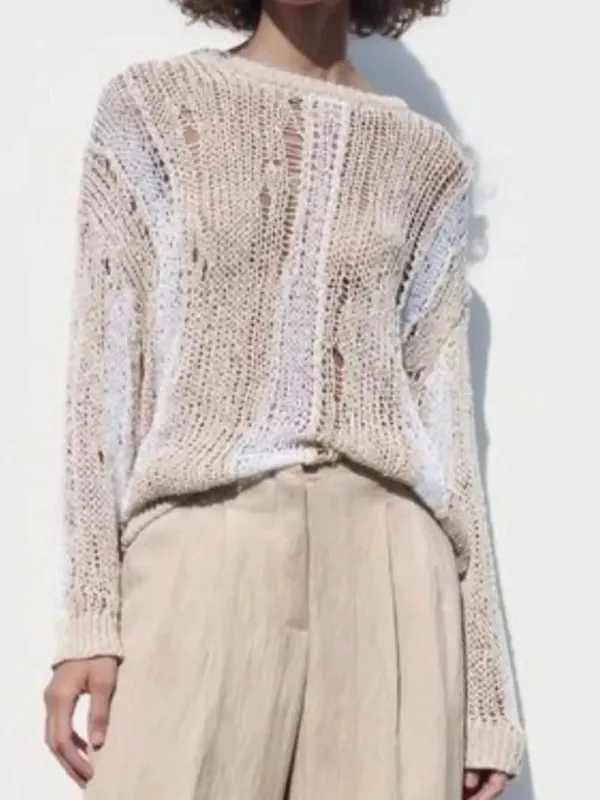 Zara Beige & White Distressed Crew neck Sweater(Size Small) - Image 2