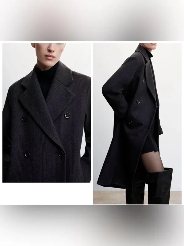 MANGO Double Breasted Pinstripe Long Wool Blend Coat Navy Dark Grey Women’s XXL - Image 2