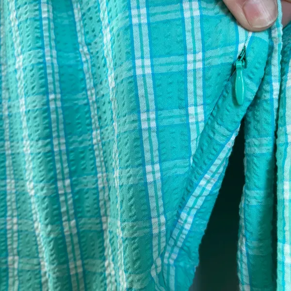 J.Crew Aqua Mint‎ Seersucker Ruffle Neck Mini Dress Preppy Sz 14 - Image 3