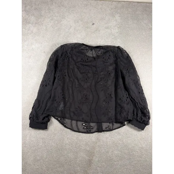 adrianna papell black sheer blouse button up black floral eyelet detail xl‎ - Image 7