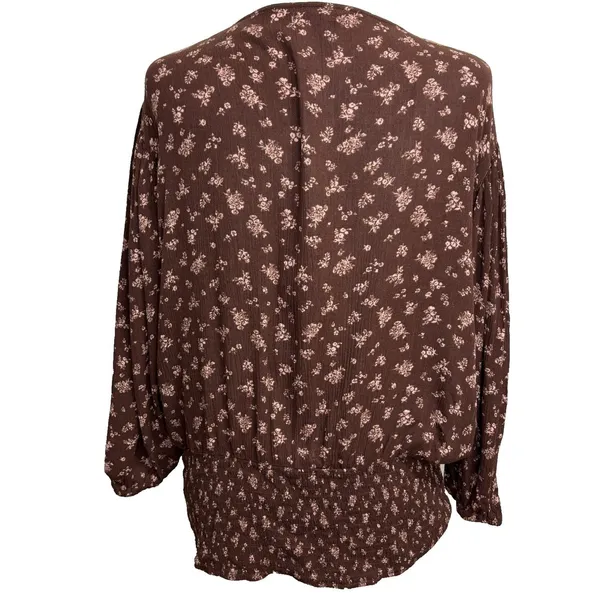Maurices Boho Floral Blouse Brown Smocked Waist Surplice Neck‎ Cottagecore XXL - Image 2