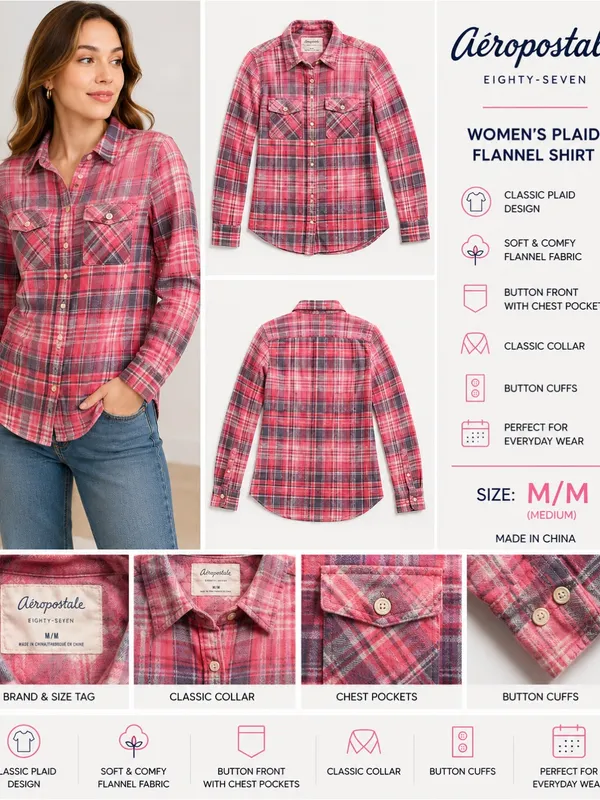 Aeropostale Women's Medium Pink and Coral Plaid Button-Up Shirt - Image 2