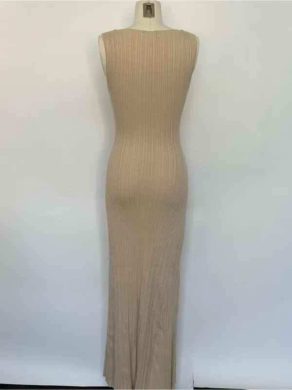 White Fox Boutique Sleeveless Ribbed Maxi Dress in Tan - Image 4
