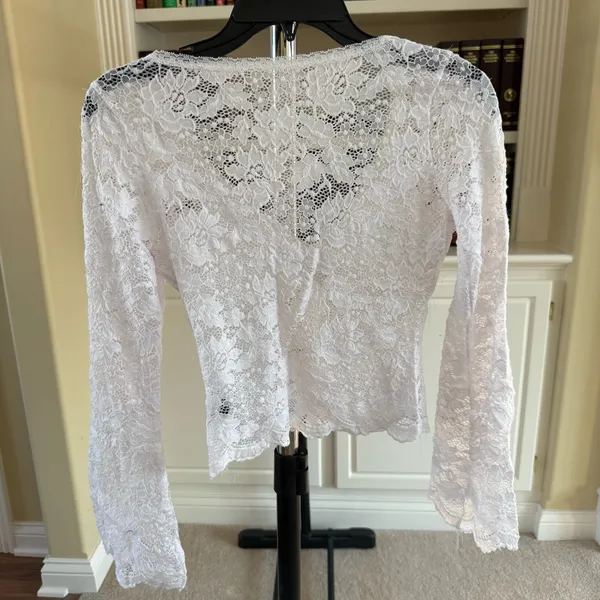 SHEIN Ruffle Trim Belle Sleeve Tie Front Lace Crop Top - Image 2
