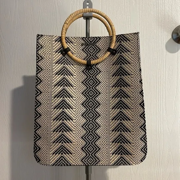 Wet Seal Geometric Woven Tote Bag Straw Black Tan Round Handle - Image 9