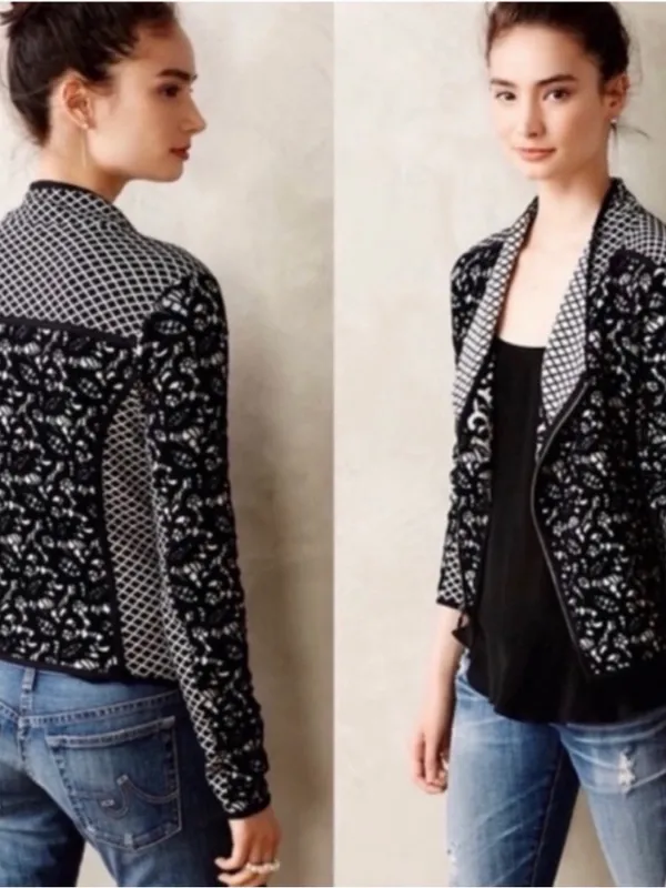 Moth Anthropologie Black & White Jacquard Moto Jacket with Asymmetrical Zipper - Image 2