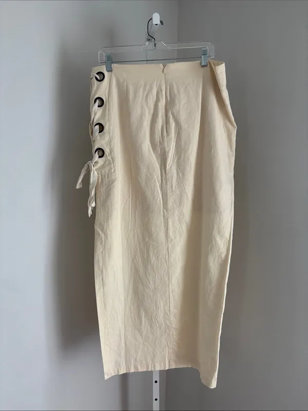VENUS Cream Linen Blend Midi Skirt with Side Grommet Tie Side Slit Women’s Sz 14 - Image 2