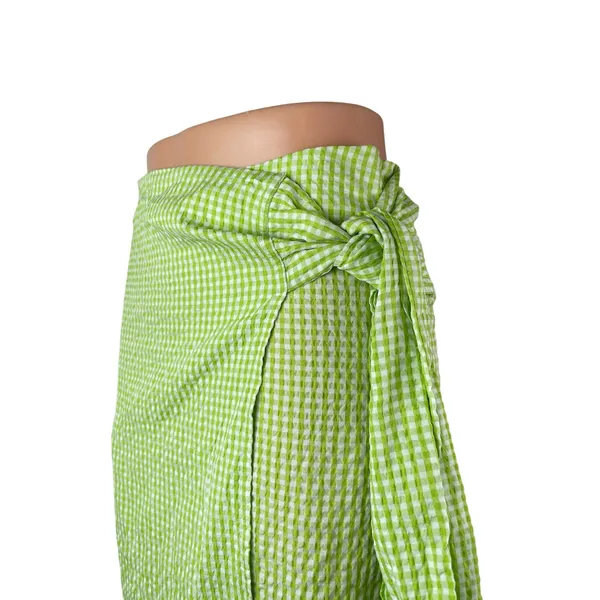 NEW Monki Women's Green Gingham Check High Rise Asymmetric Midi Wrap Skirt Sz 36 - Image 3
