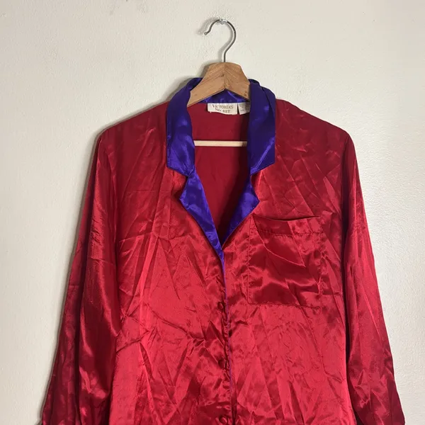 VTG 90s VICTORIAS SECRET Satin NIGHT SHIRT Nightgown Gold Label red‎ pjs sz P/S - Image 2