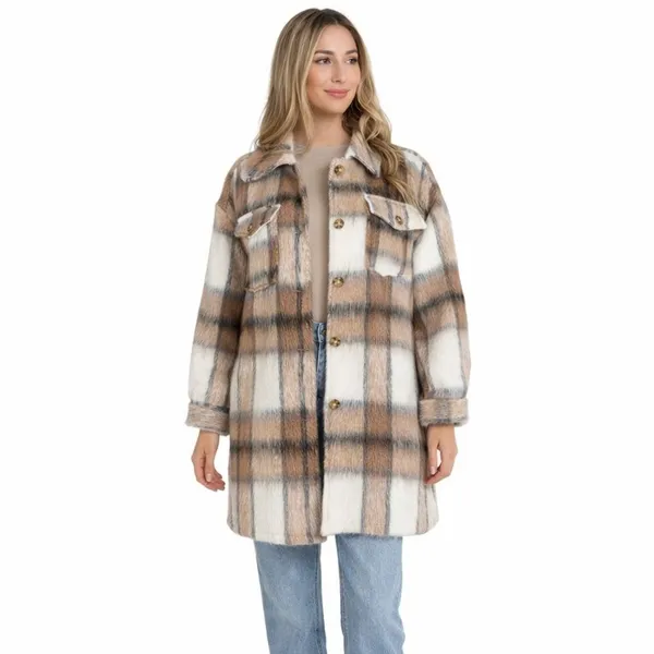 Coldwater Creek Oversized Plaid Midi Shacket Tan Cream Brushed Textured Jacket - Image 5