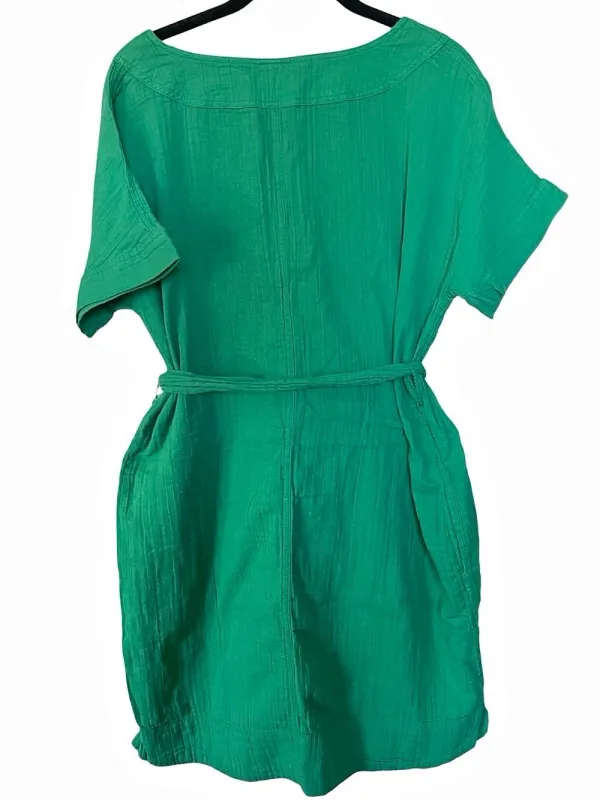 Green Gauze Belted Mini Dress Pockets Relaxed Fit Medium - Image 4