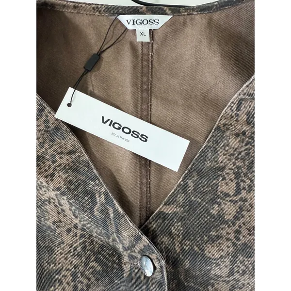 Vigoss Brown Snakeskin Denim Vest Button Front‎ Western Animal Print Womens XL - Image 4