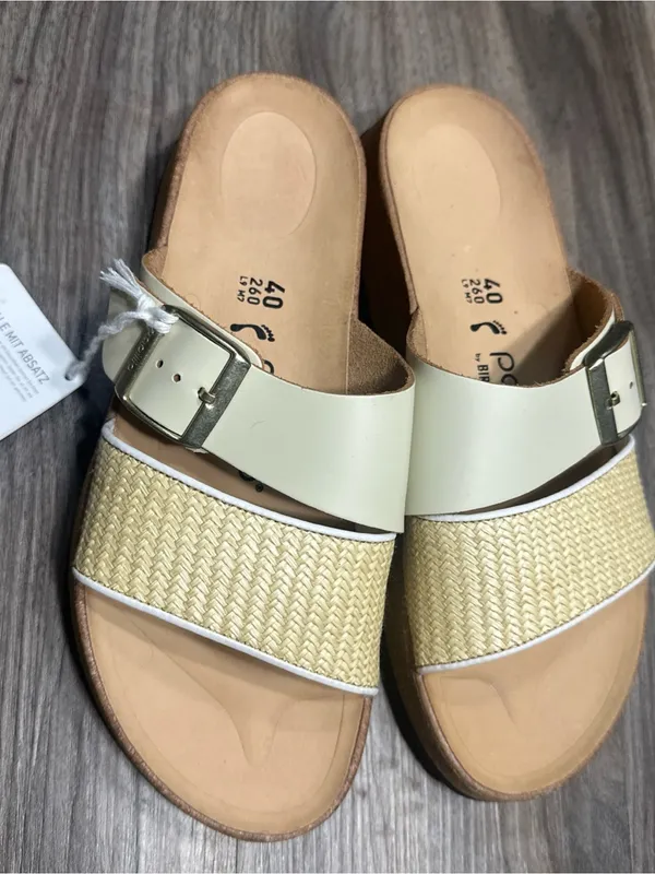 Birkenstock Women’s Two-Band Slide Sandals in Cream and Natural Woven - Image 9