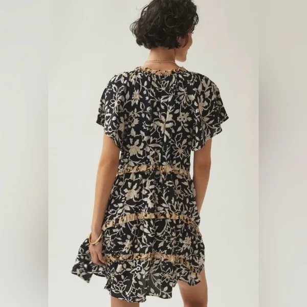 By Anthropologie Women’s Robin Mini Tiered Ruffle Dress in Black Motif Print XXS - Image 5