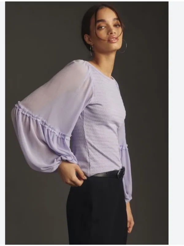 Anthropologie Balloon-Sleeve Smocked Top size Small lavender - Image 3