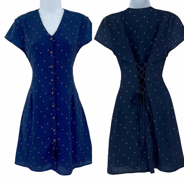 Yacht 21 Lace Up Corset Anchor Dress Sz S Coastal Preppy Nautical Sailor Beach - Image 2