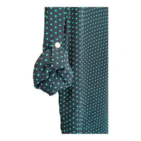 LOFT Blouse Women XS Navy Blue‎ Teal Polka Dot Roll Tab Sleeve Pocket Scoop Neck - Image 6