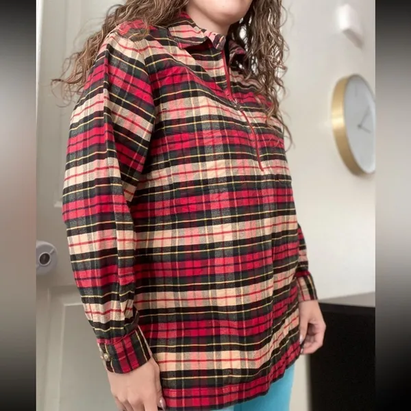Vintage Eddie Bauer‎ Plaid Half Zip Flannel Sweater Top Sz S Red Granola Outdoor - Image 4