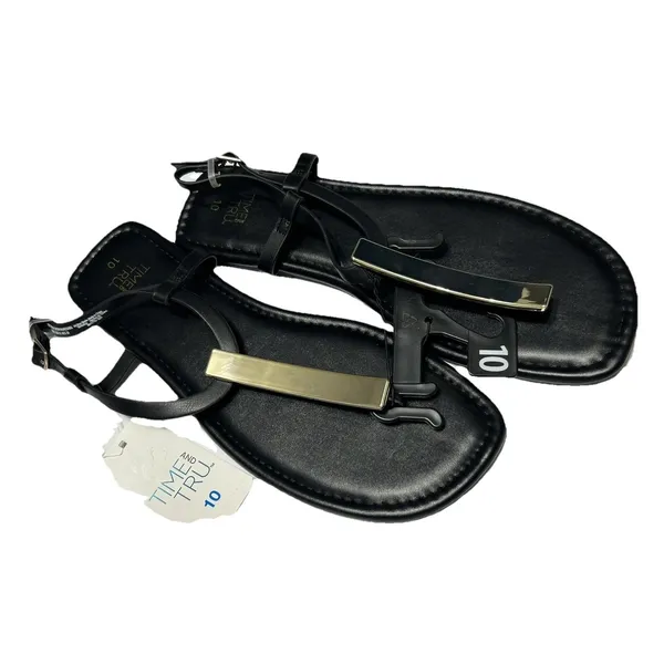 Time and Tru Womens Hardware T-Strap Flat Sandals Black Gold NWT Size 10 EU 41 - Image 6
