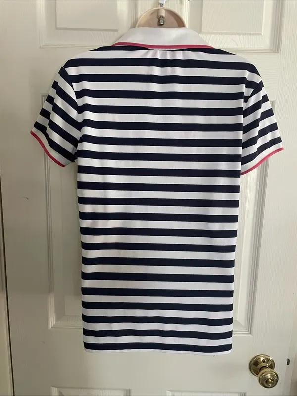 Ralph Lauren Navy & White Striped Polo-Style Shirt with Pink Trim - Image 3