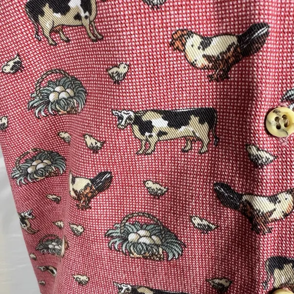 Country Chic Sleeveless Button Up Farm Print Vtg Cotton Cows Chicken Red - Image 5