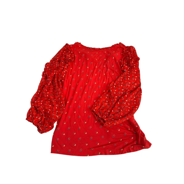 Maeve Anthropologie Red Geometric Print Ruffle Tie Neck Balloon‎ Sleeve Blouse L - Image 3