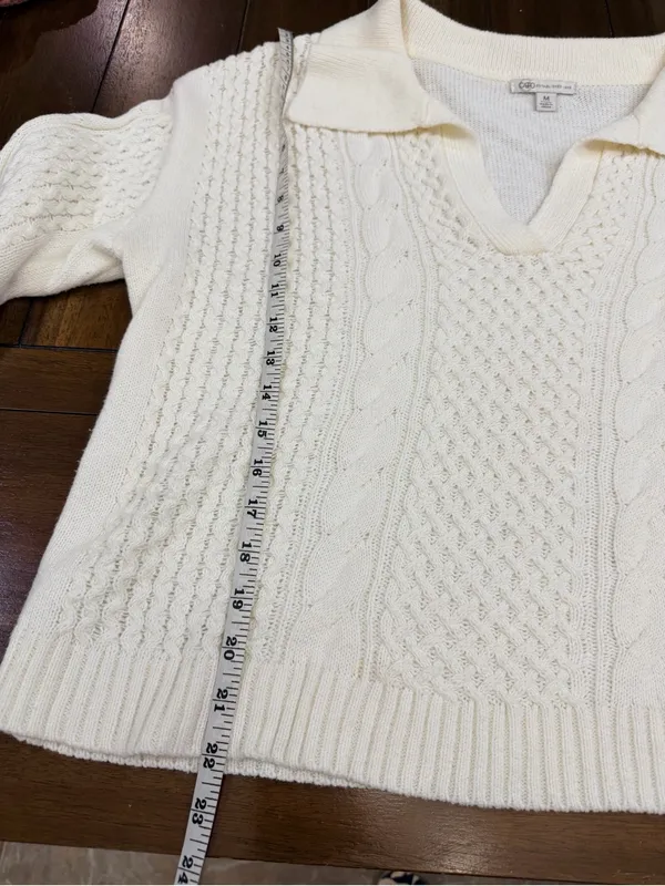 CATO Fashions Cream Cable Knit Polo Sweater Top Womens Medium Open V-Neck NWOT - Image 6