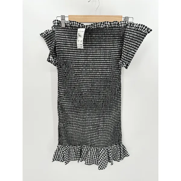 WAYF Dress Women MEDIUM NWT Black White‎ Gingham Smocked Off Shoulder Mini - Image 2