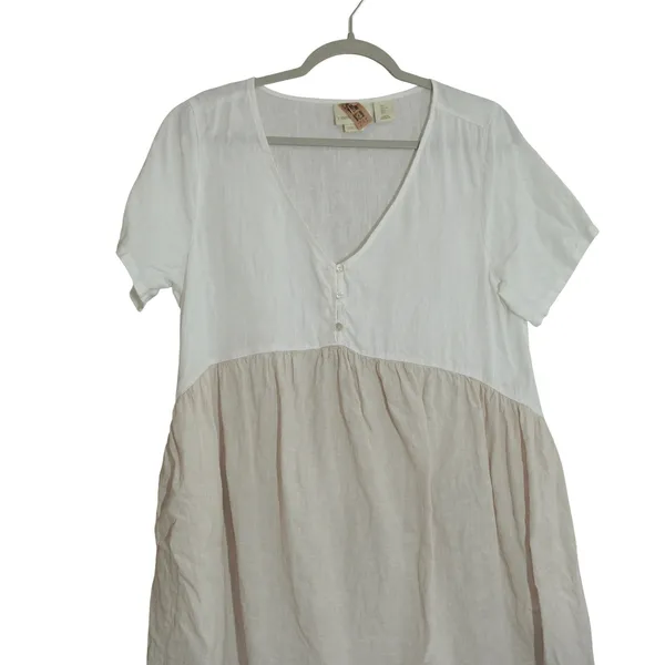 Cynthia Rowley Large Linen Mini Dress White Tan Colorblock V-Neck Short Sleeve - Image 2