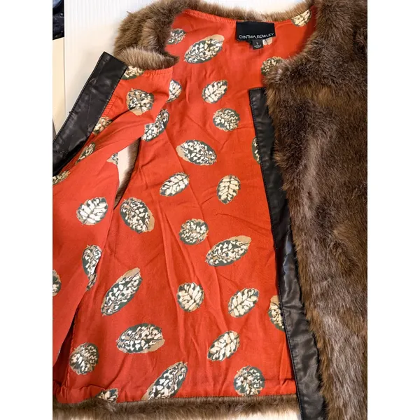Cynthia Rowley Brown Faux Fur Vest with Orange Print Lining Size L Mobwife‎ fall - Image 4