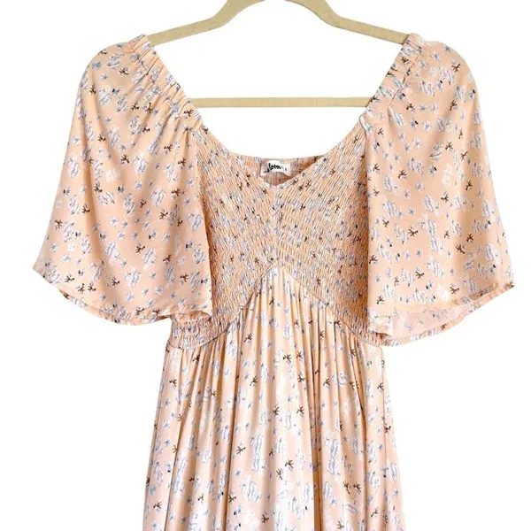 Pinkblush Boho Floral Smocked Maternity Midi Dress Small Light Pink Short Sleeve - Image 5
