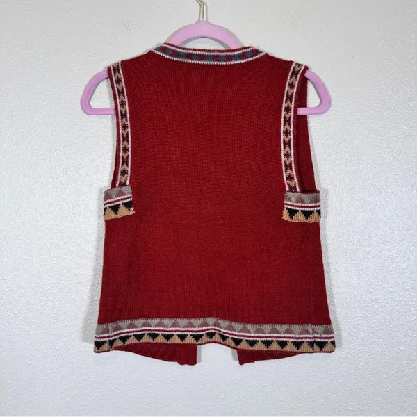 Vintage 70s Vicki Volts Red Grey Sweater Vest Womens S Fall Warm Hippie Folk - Image 3
