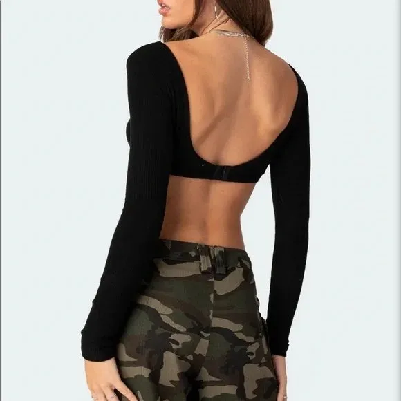 Edikted Black Ribbed Long Sleeve Crop Top Square Neck Button‎ Front XS - Image 2