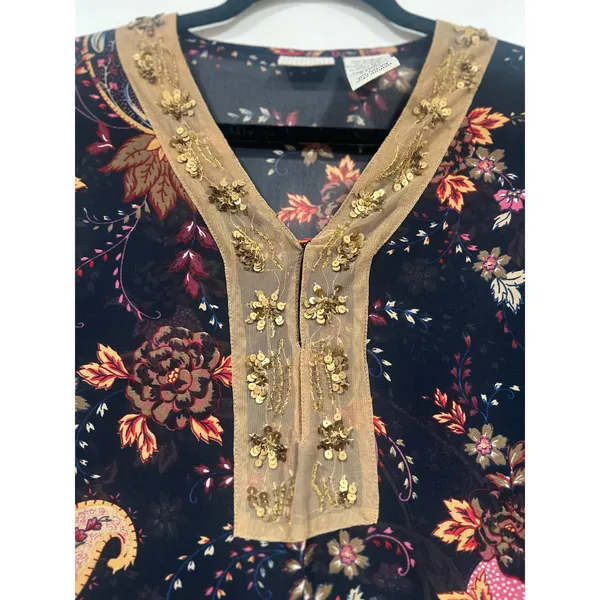 White Stag Y2K Sheer Paisley Floral Beaded Tunic Blouse Top M - Image 3